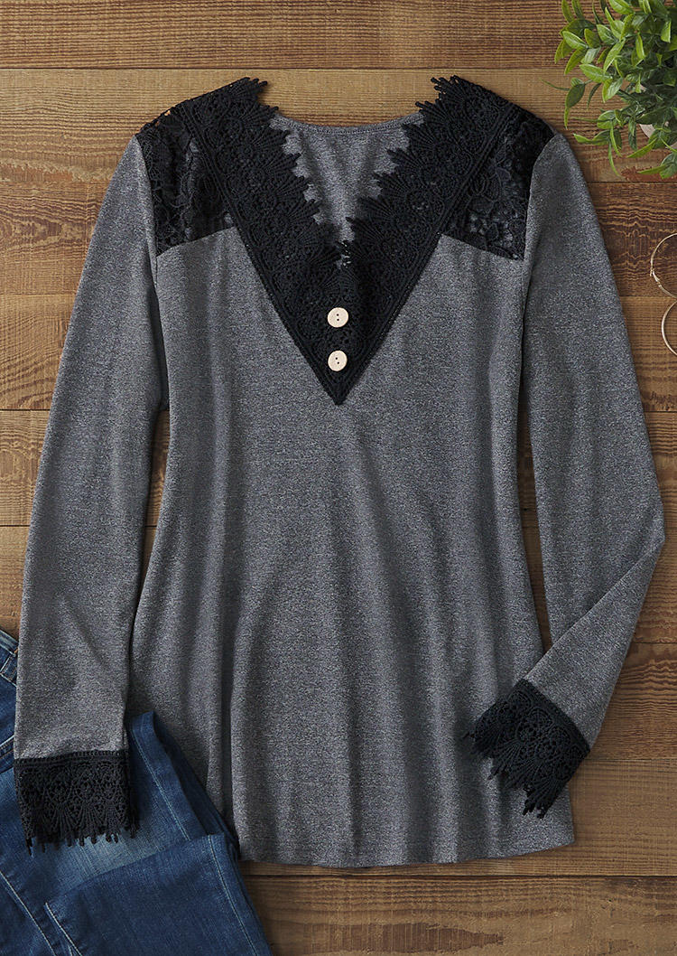 

Blouses Lace Splicing Button V-Neck Blouse - Dark Grey in Gray. Size: L,M,,XL