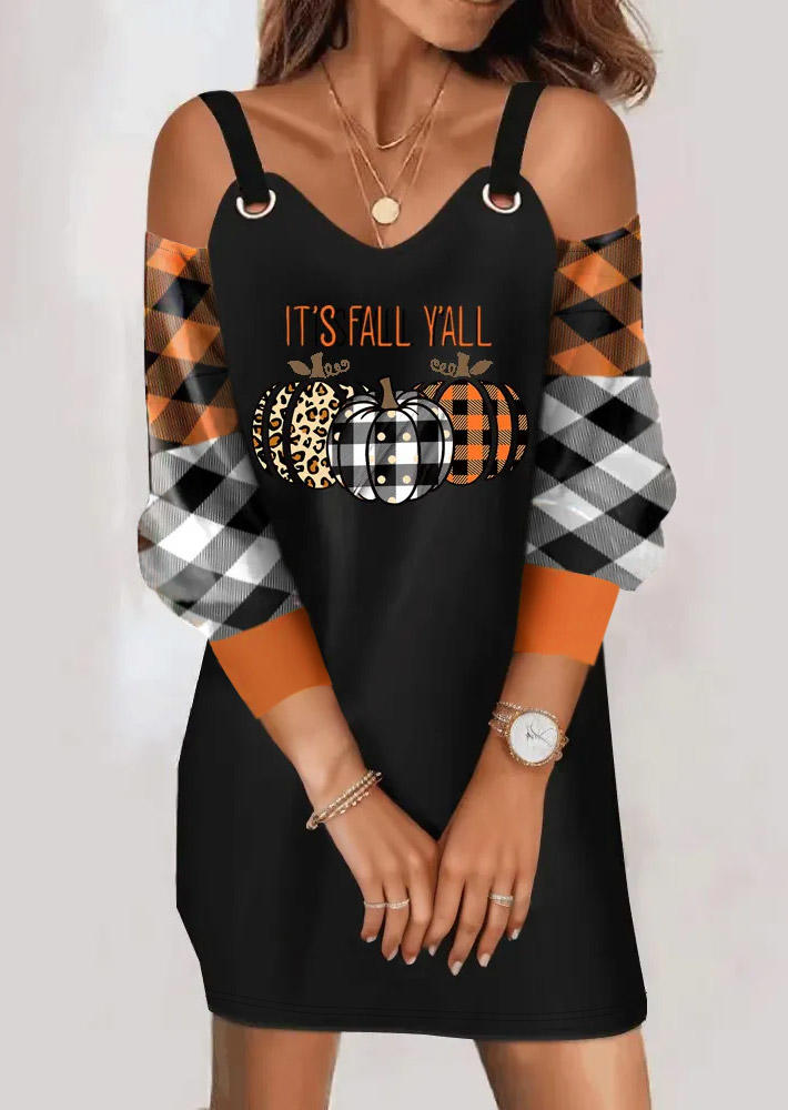 It's Fall Y'all Color-Blocked Plaid Leopard Pumpkin Cold Shoulder Mini Dress - Black
