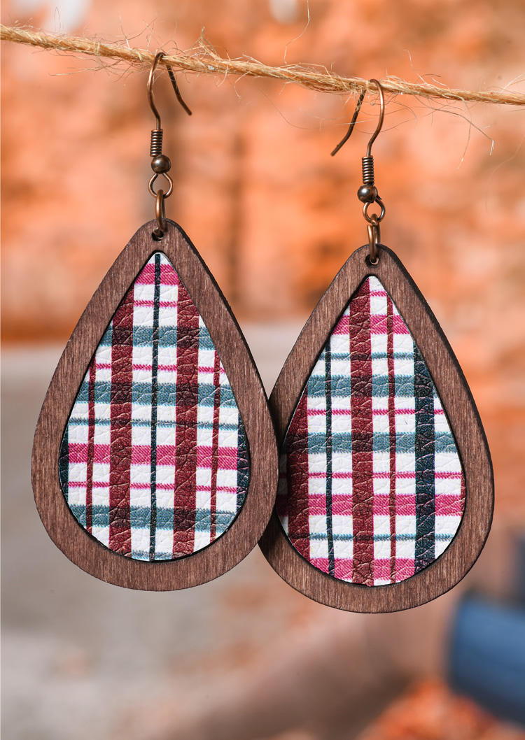 Classic British Plaid Water Drop Wooden Earrings