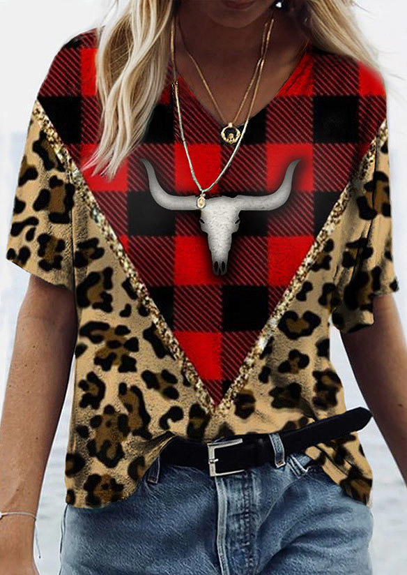 

Blouses Leopard Buffalo Plaid Steer Skull Glitter Blouse in Multicolor. Size: L,M,,XL