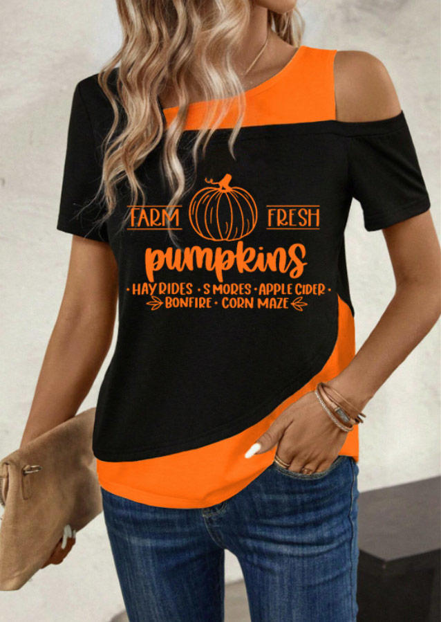 Farm Fresh Pumpkins Color Block Cold Shoulder Fake Two-Piece Blouse - Black