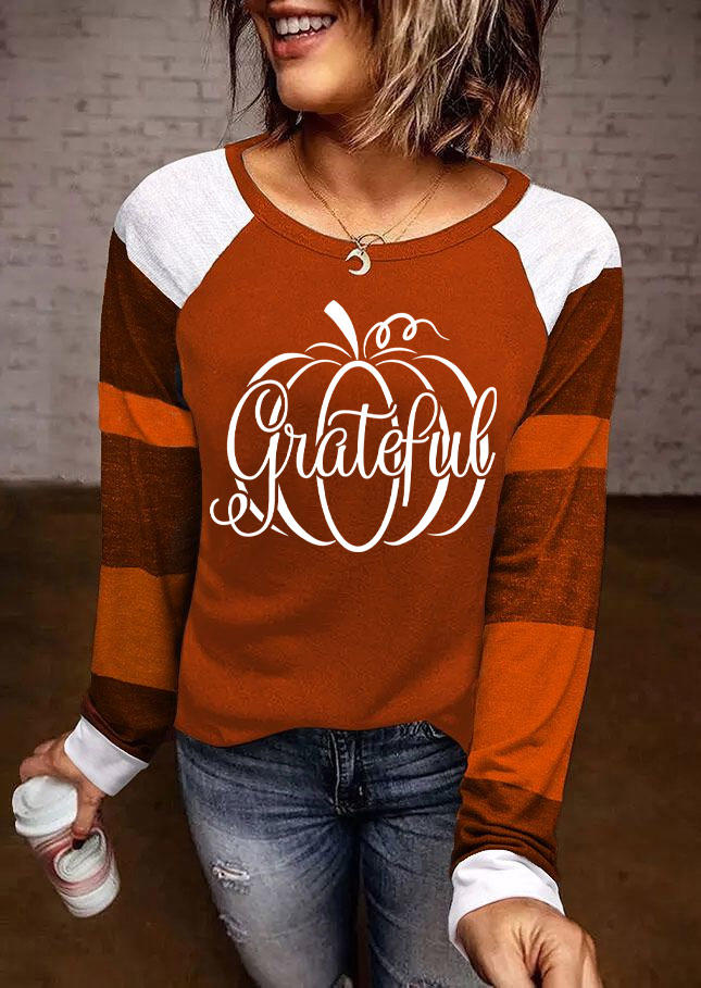 Thanksgiving Grateful Color Block Pumpkin Raglan Sleeve T-Shirt Tee
