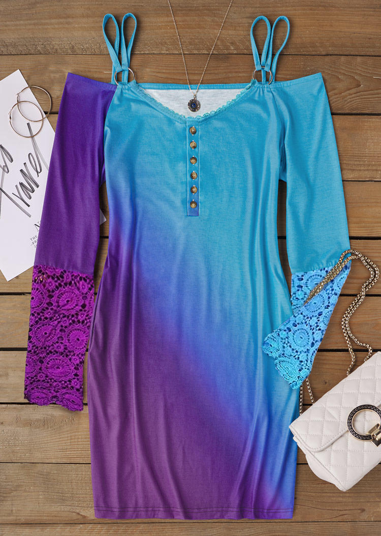 Gradient Lace Pocket Button Cold Shoulder Mini Dress