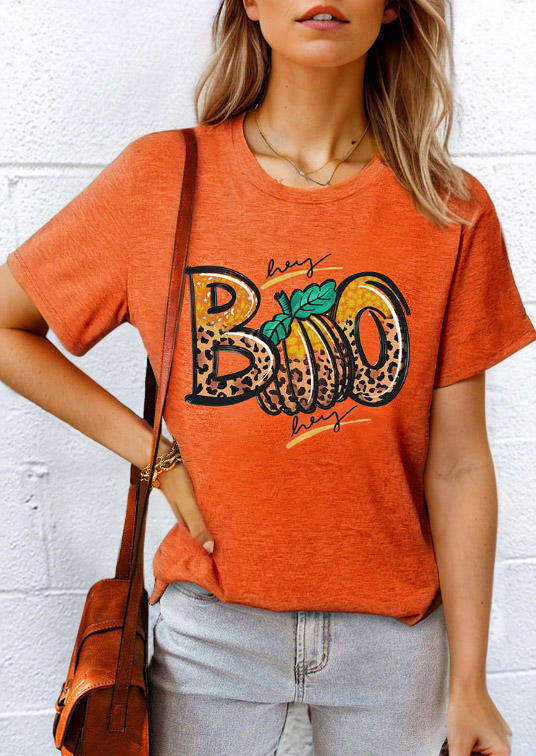 Halloween Boo Leopard Pumpkin T-Shirt Tee - Orange
