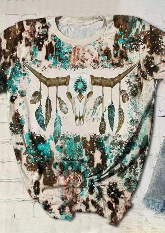 Steer Skull Feather Bleached T-Shirt Tee