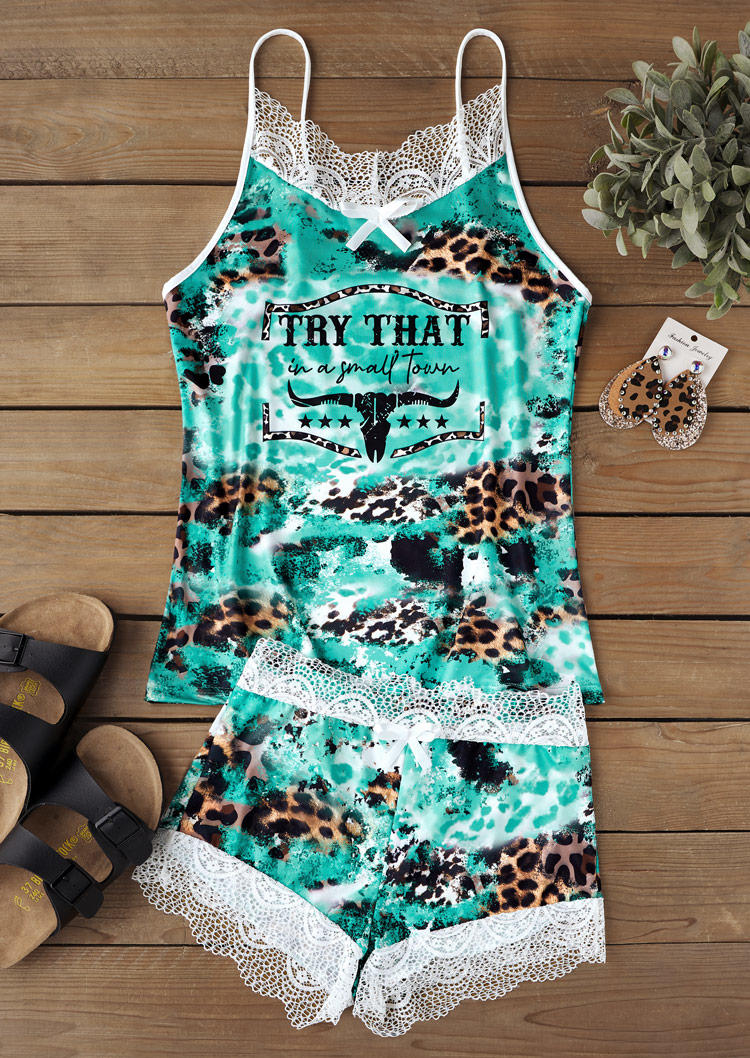 

Sleepwear Leopard Steer Skull Bleached Lace Camisole And Shorts Pajamas Set in Blue. Size