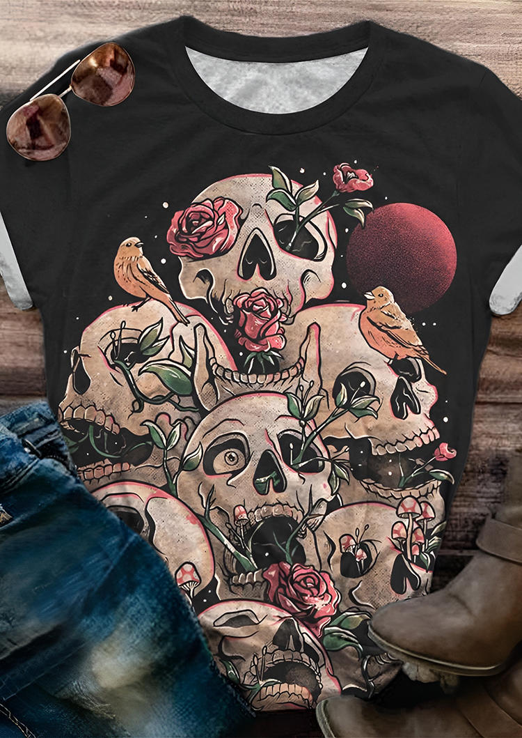 

T-shirts Tees Halloween Skull Floral Ethnic Art Graphic T-Shirt Tee in Multicolor. Size: L,M,,XL