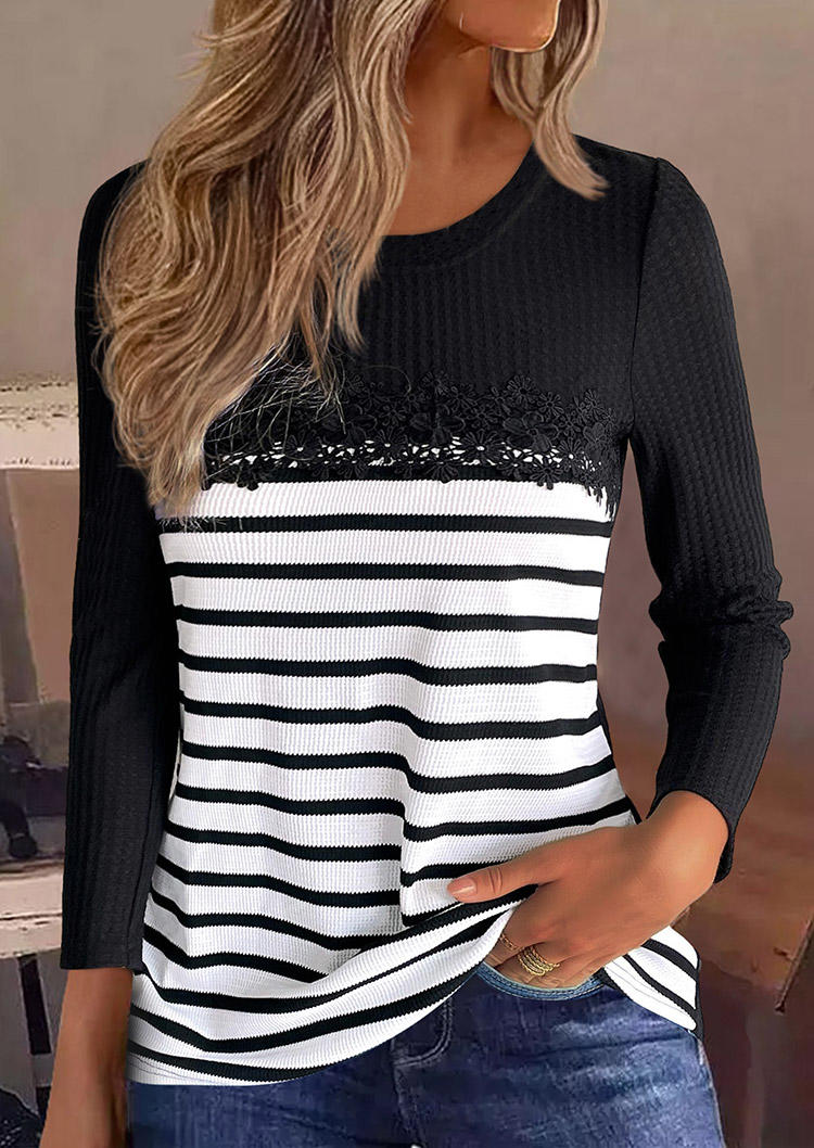 Striped Lace Splicing O-Neck Blouse - Black