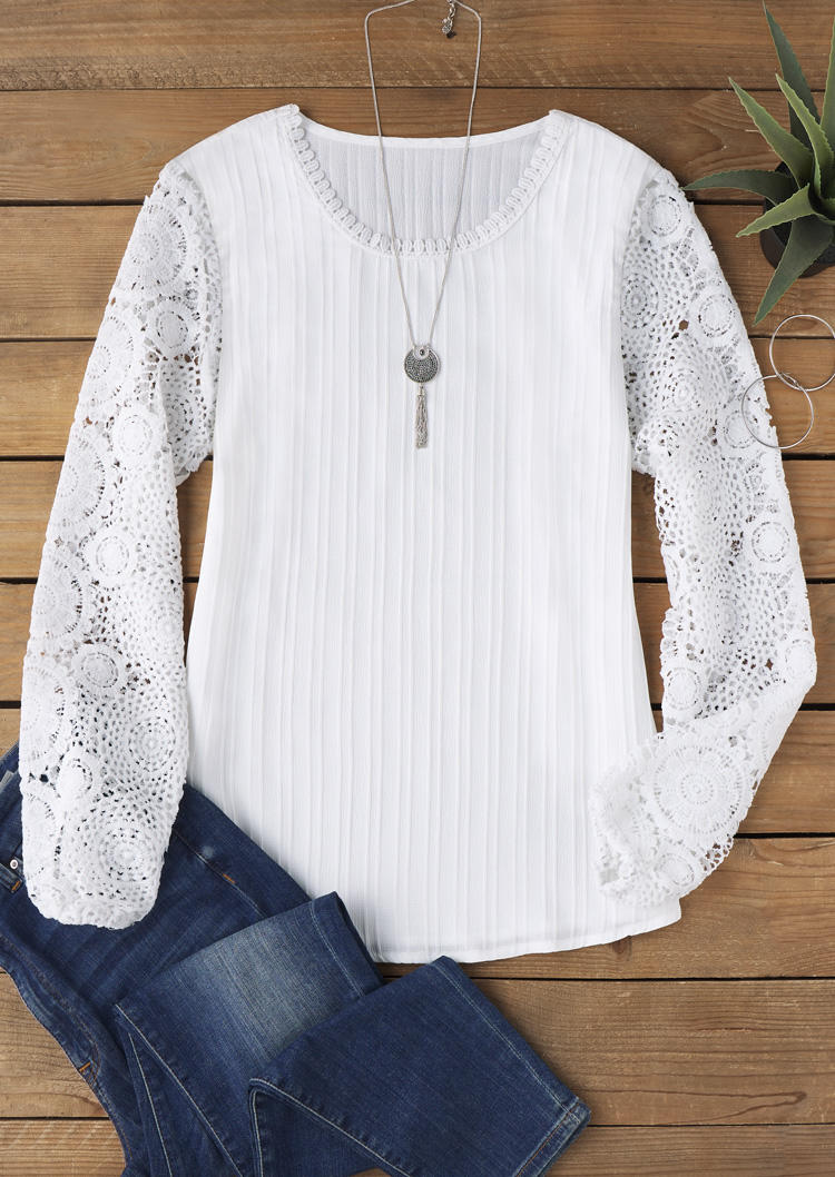 

Blouses Lace Splicing Long Sleeve O-Neck Blouse in White. Size: L,M