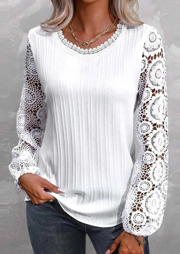 Lace Splicing Long Sleeve O-Neck Blouse - White