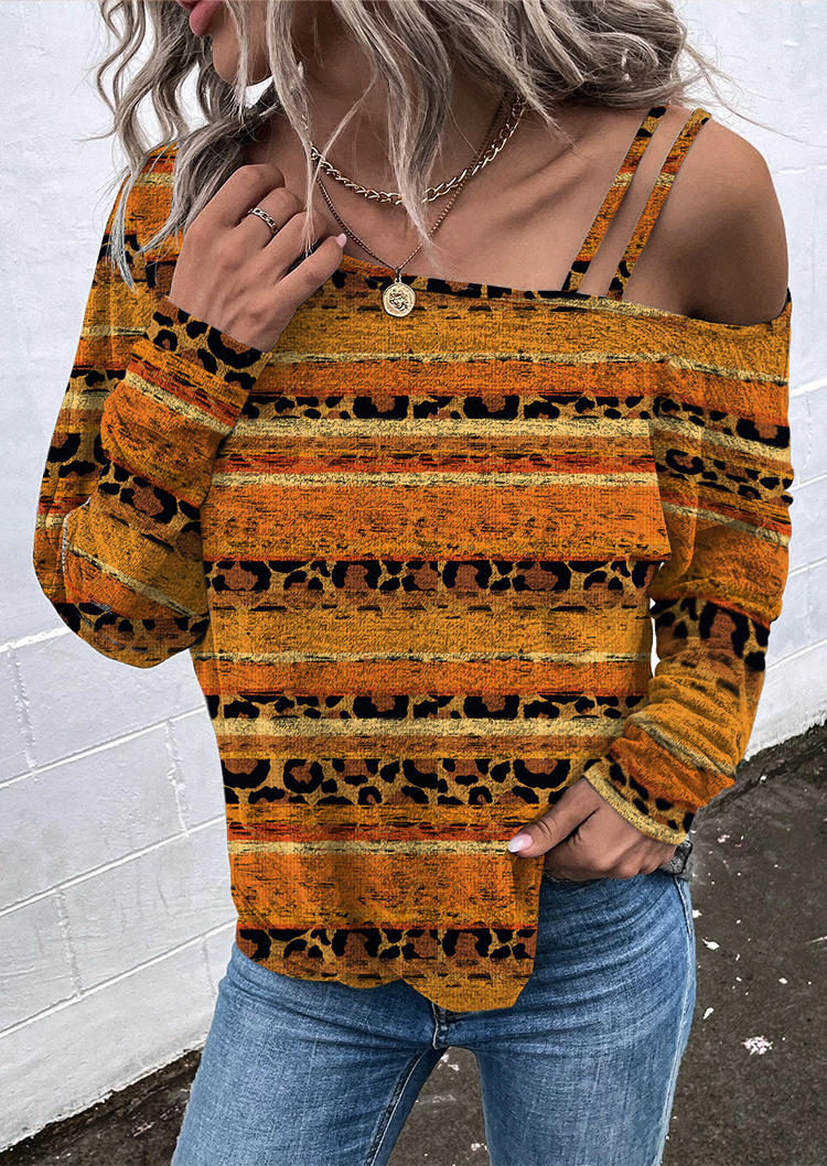 

Blouses Fall Autumn Leopard Serape Striped One Sided Cold Shoulder Blouse in Multicolor. Size: L,M,,XL