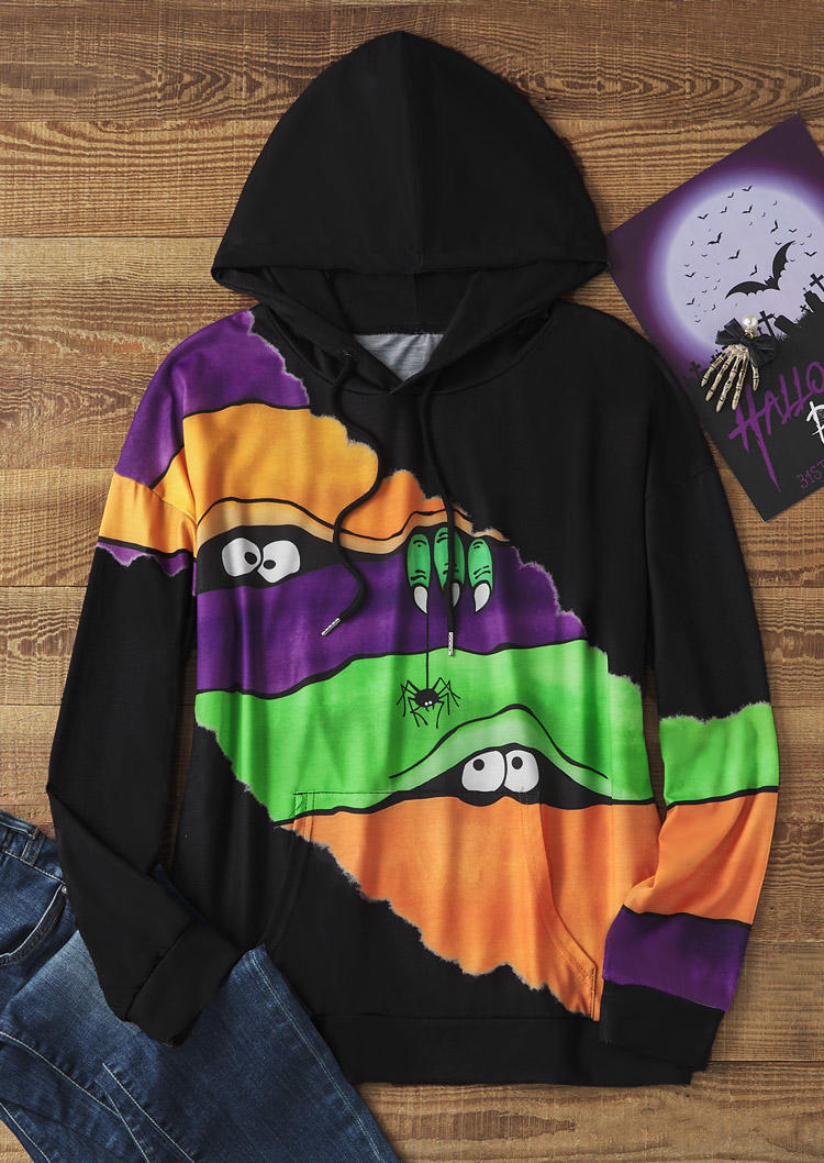 

Hoodies Halloween Spider Color Block Kangaroo Pocket Hoodie in Multicolor. Size: 2XL,3XL,L,,XL