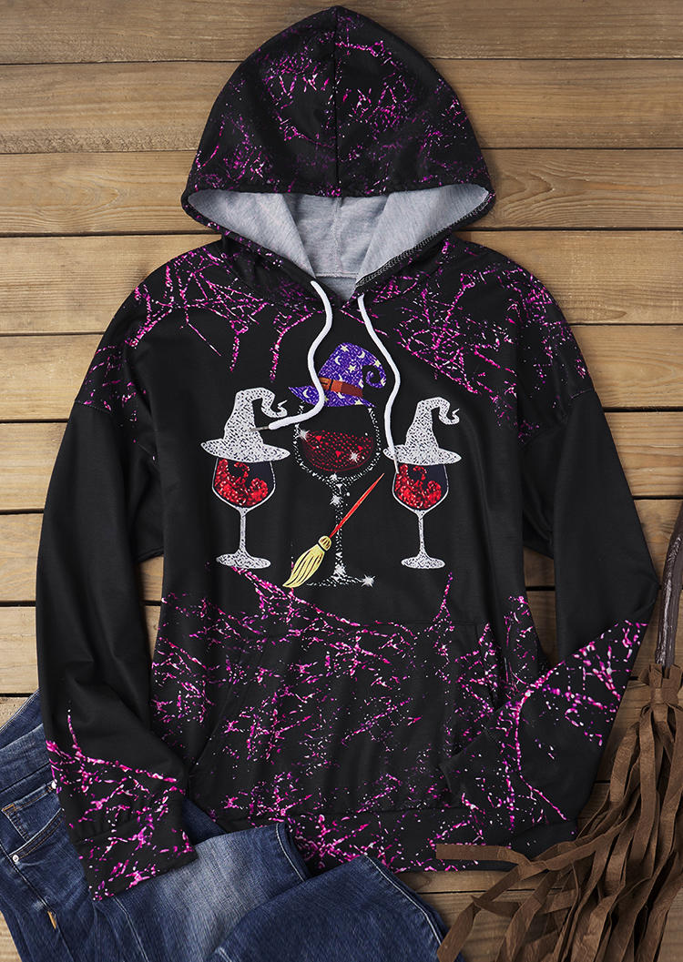 

Hoodies Halloween Witch Hat Wine Glass Kangaroo Pocket Hoodie in Black. Size: ,XL