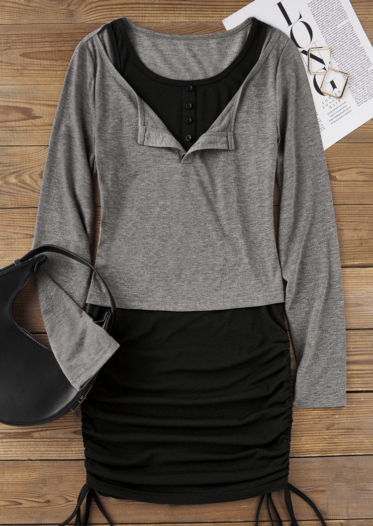 

Bodycon Dresses Button Drawstring Ruched Cold Shoulder Fake Two-Piece Bodycon Dress in Gray. Size: L,M,,XL