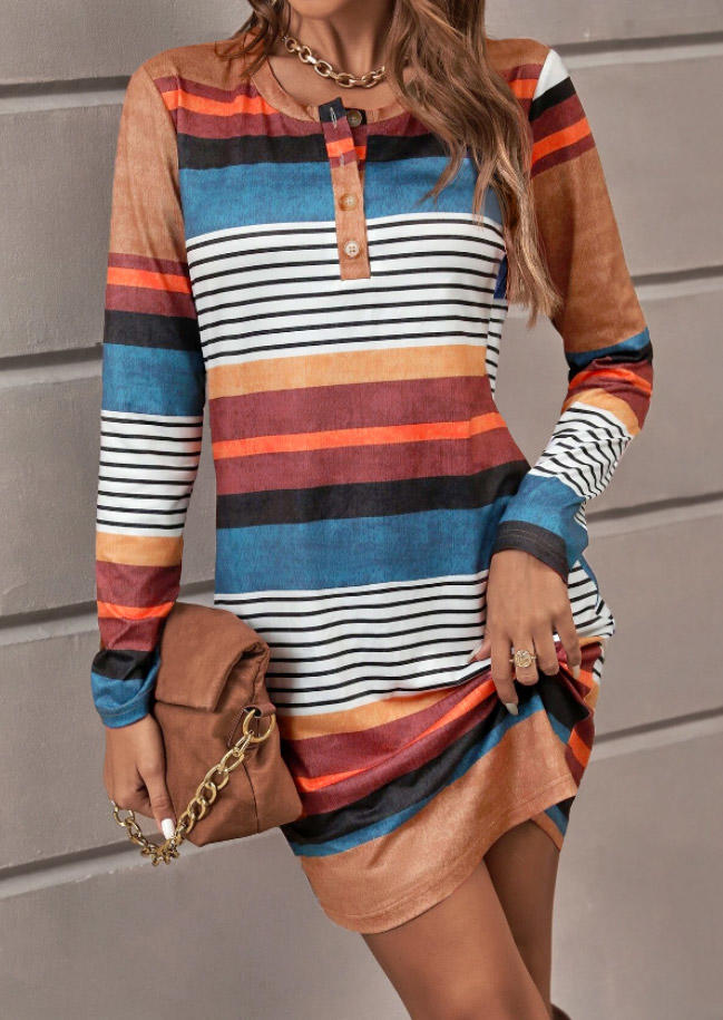 Colorful Striped Button Long Sleeve Mini Dress