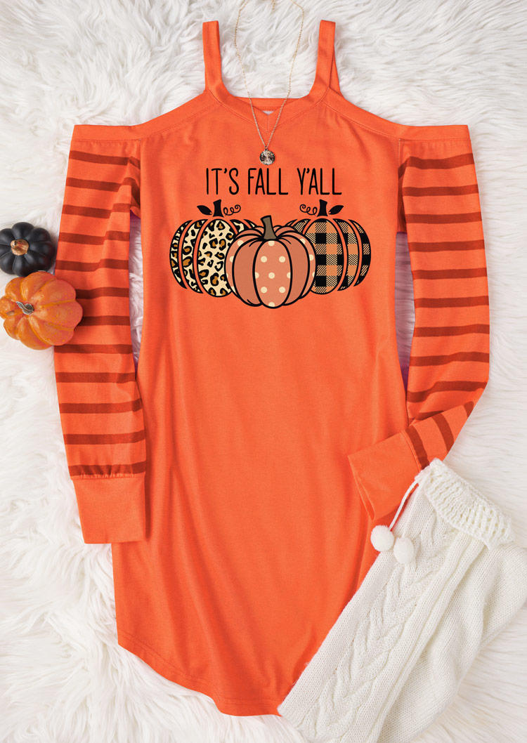 

Sweatshirt Dresses It' Fall Y'all Leopard Plaid Dot Pumpkin Striped Cold Shoulder Sweatshirt Dress in Orange. Size: L,M,,XL