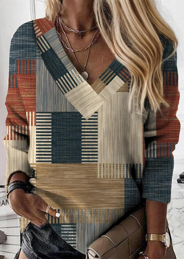 Plaid Geometric V-Neck Long Sleeve Blouse