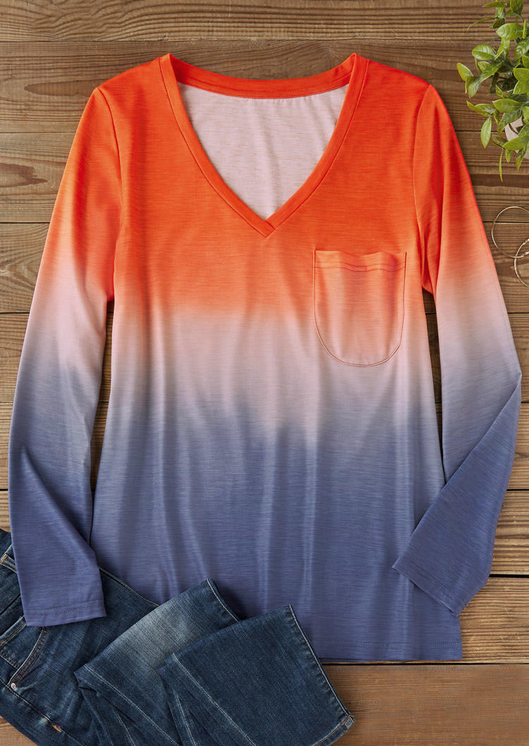 

Blouses Gradient Pocket Long Sleeve V-Neck Blouse in Multicolor. Size: L,M,,XL