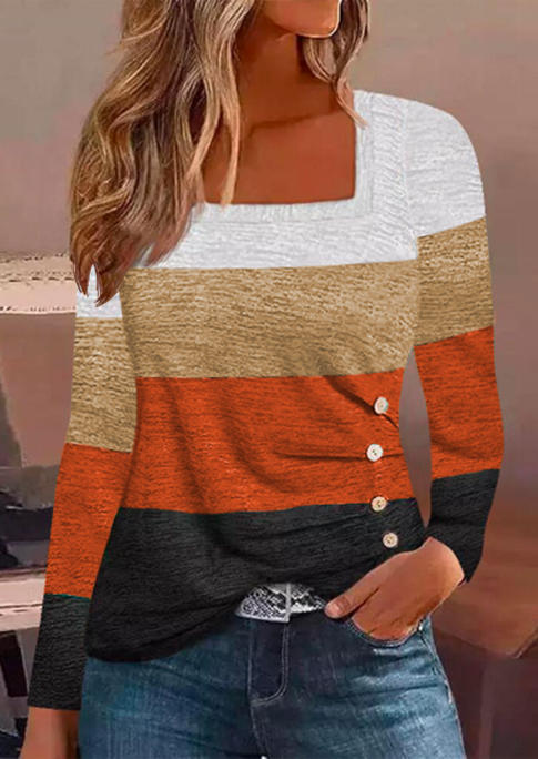 Color Block Ruched Button Square Collar Blouse