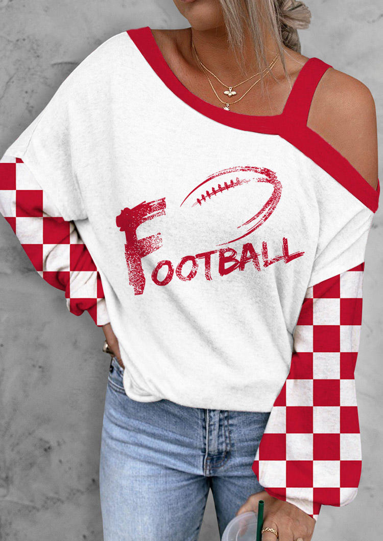 Football Checkered One Sided Cold Shoulder Blouse - White
