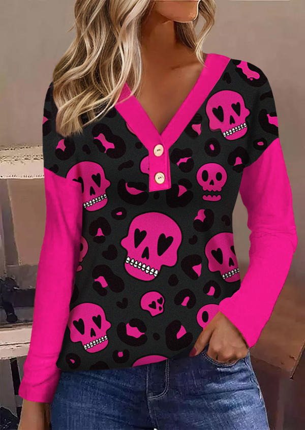 

Blouses Halloween Skull Leopard Heart Button Patchwork Long Sleeve Blouse in Multicolor. Size: L,M,,XL