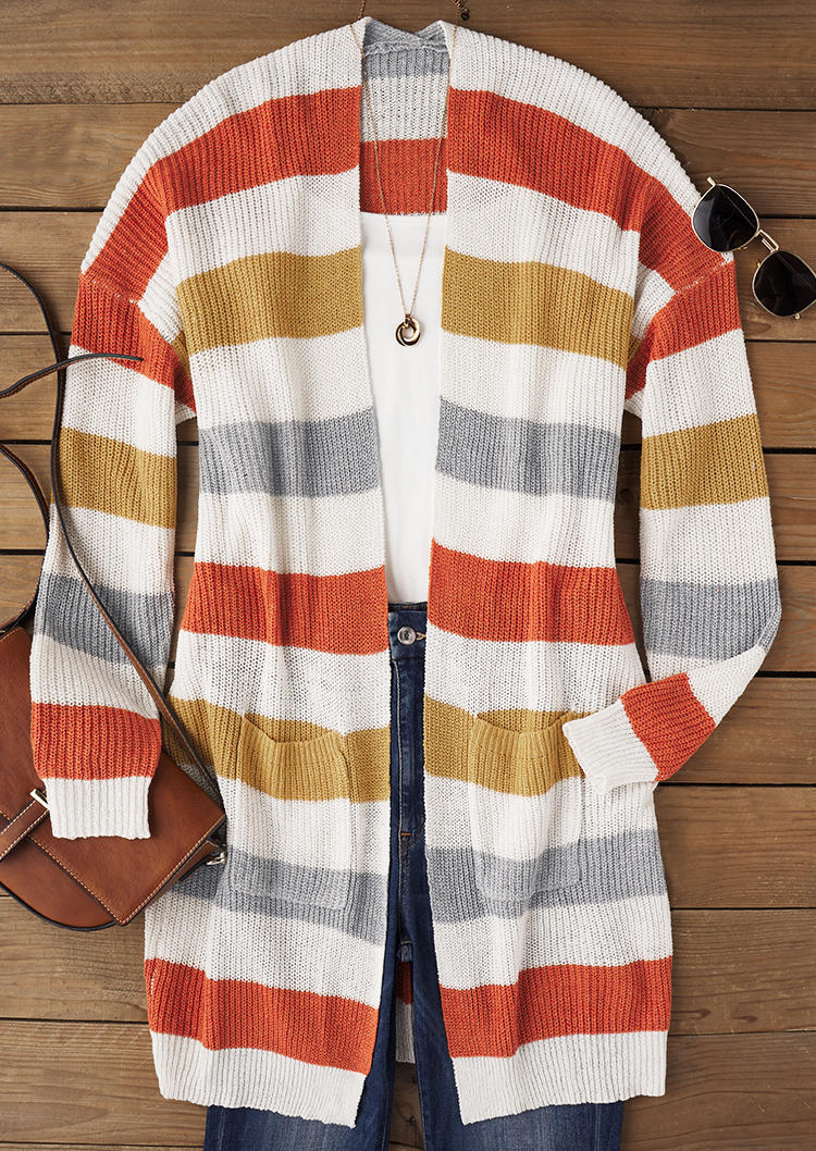 

Cardigans Color Block Striped Pocket Long Sleeve Cardigan in Multicolor. Size: L,M,,XL