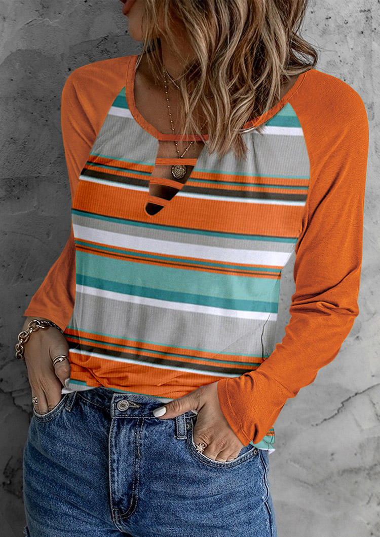 

Blouses Autumn Striped Raglan Sleeve Keyhole Neck Blouse in Orange. Size: L,M,,XL