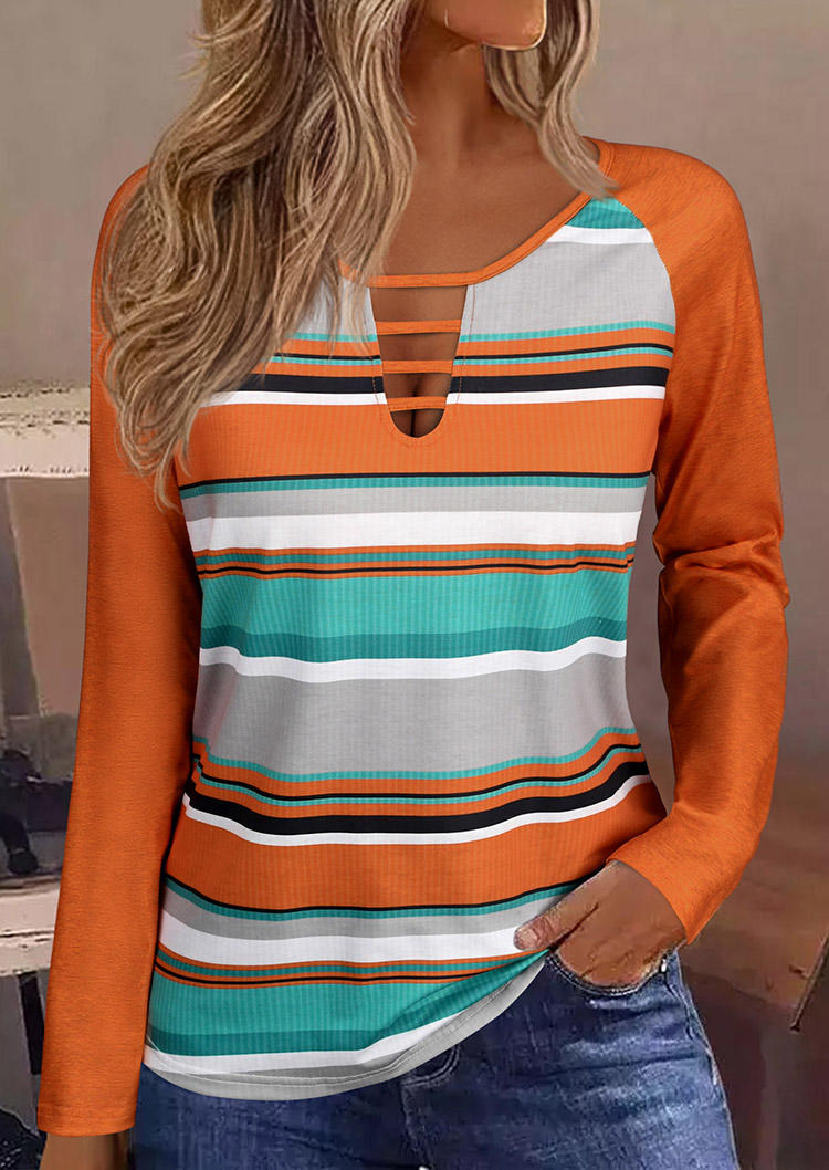 Autumn Striped Raglan Sleeve Keyhole Neck Blouse - Orange