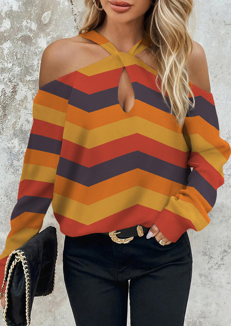 

Blouses Colorful Zigzag Striped Cold Shoulder Blouse in Multicolor. Size: L,M,,XL