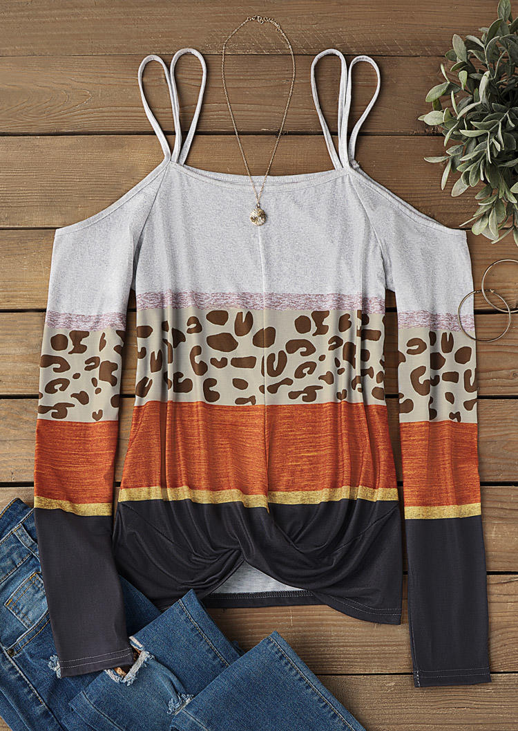 

Blouses Leopard Color Block Twist Cold Shoulder Blouse in Multicolor. Size: L,M,,XL