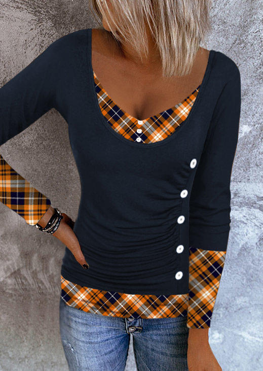 Plaid Ruched Button Fake Two-Piece Blouse - Deep Blue