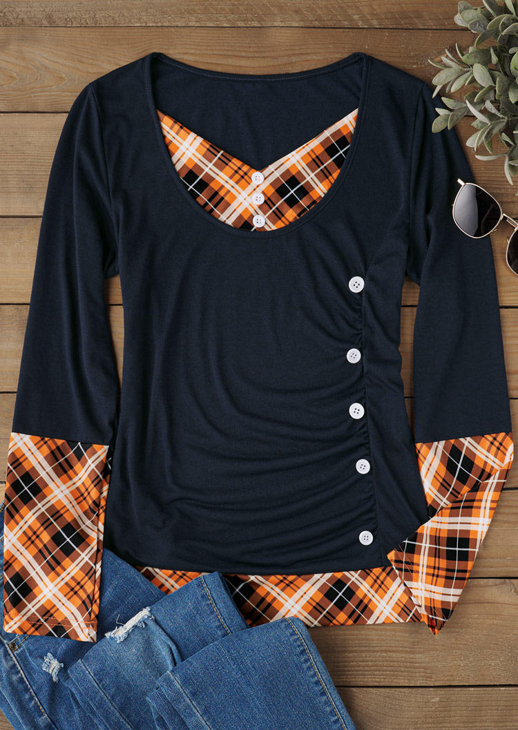 

Blouses Plaid Ruched Button Fake Two-Piece Blouse - Deep Blue in Blue. Size: ,XL