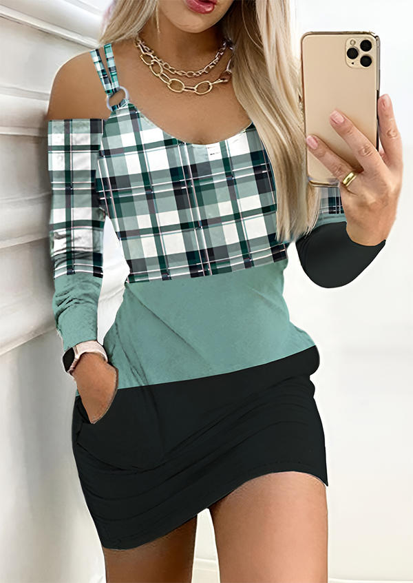 

Mini Dresses Plaid Color Block Pocket Cold Shoulder Mini Dress in Multicolor. Size: L,M,,XL