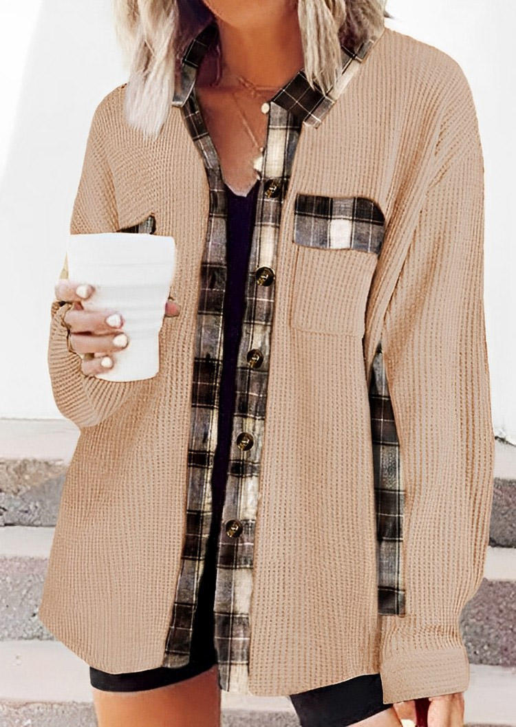 

Coats Plaid Button Pocket Turn-Down Collar Coat in Apricot. Size