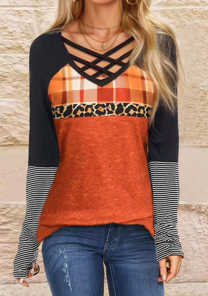 

Blouses Plaid Striped Leopard Color Block Criss-Cross Blouse in Multicolor. Size: L,M,,XL