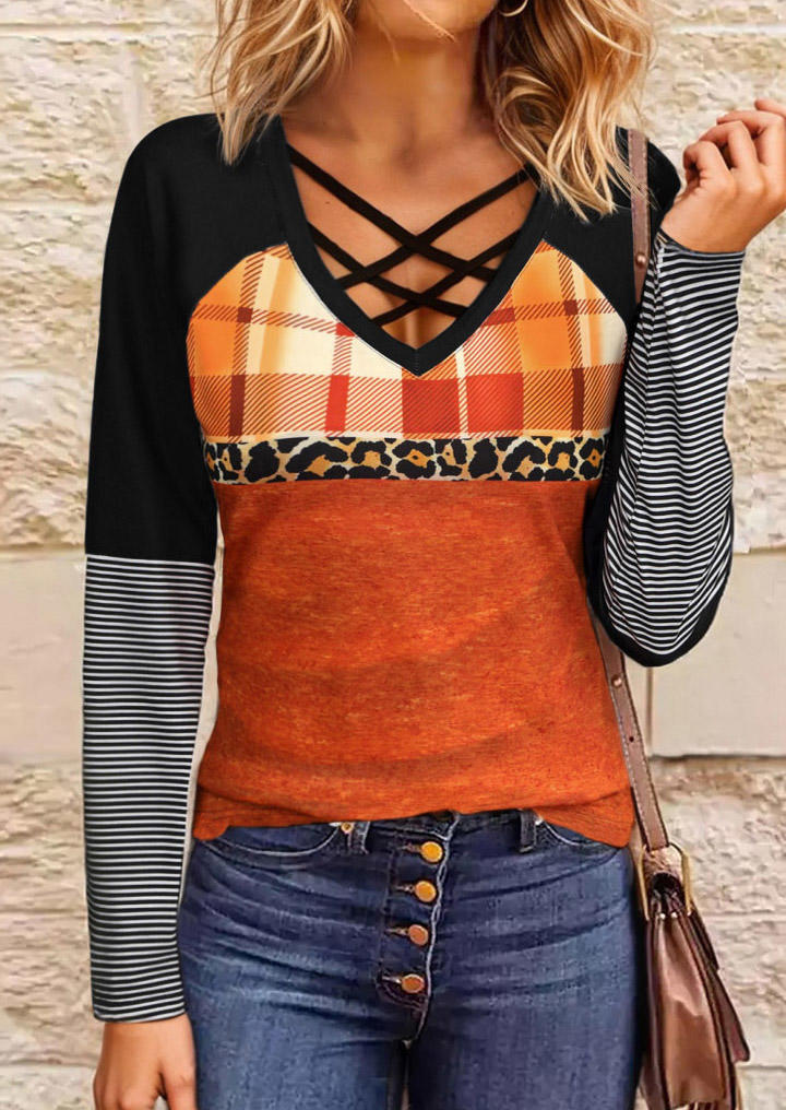 Plaid Striped Leopard Color Block Criss-Cross Blouse