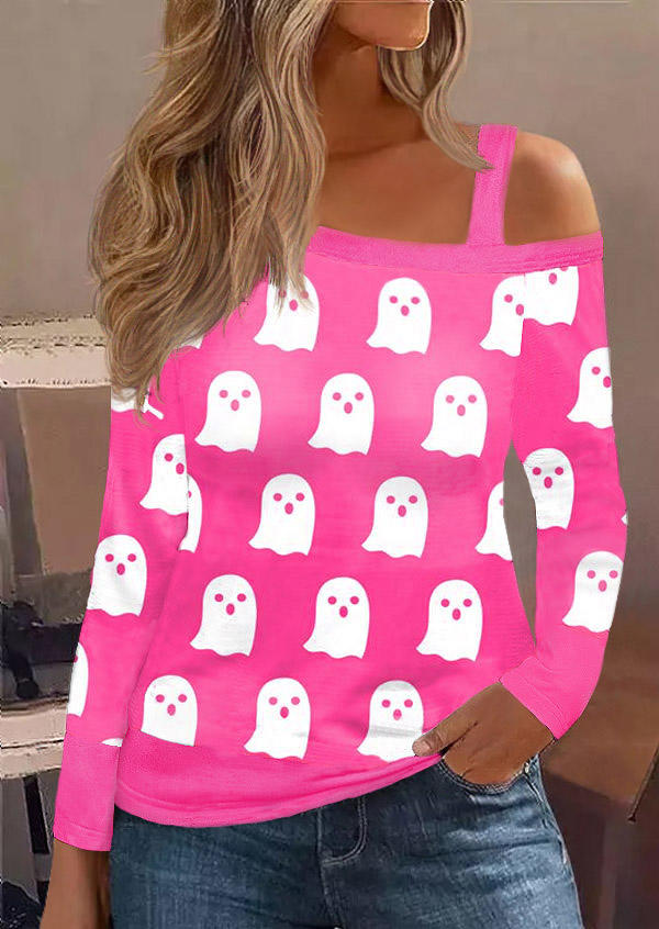 Halloween Ghost One Sided Cold Shoulder Blouse - Pink