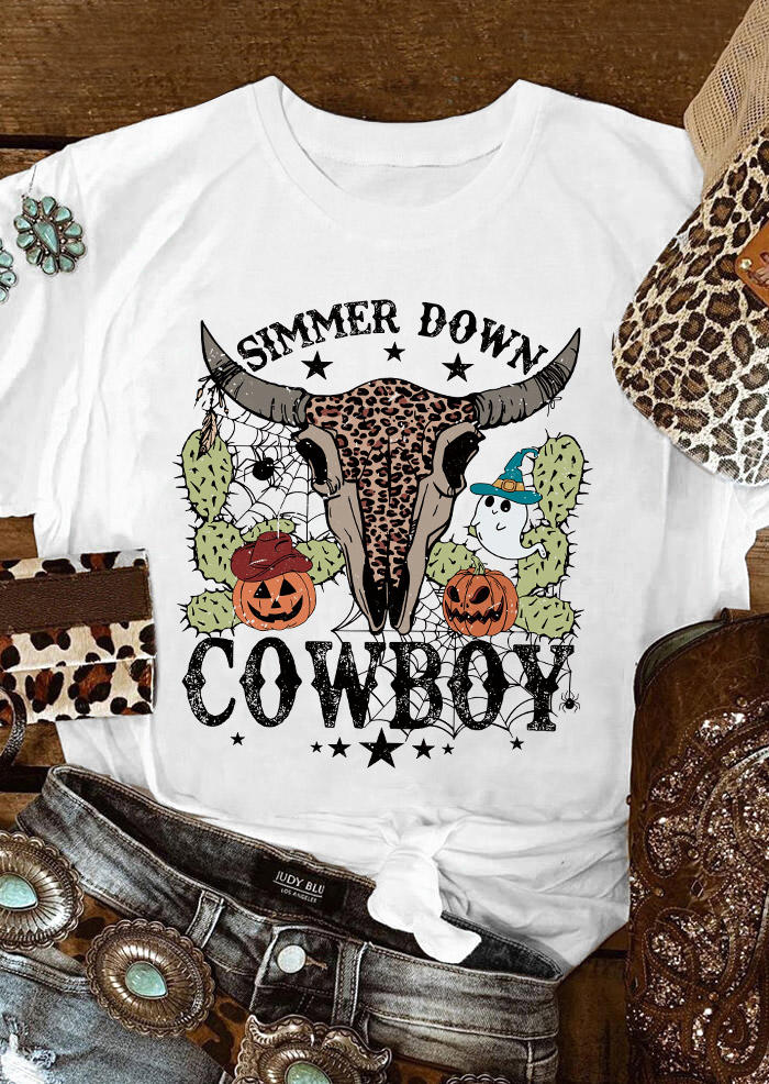 

T-shirts Tees Halloween Simmer Down Cowboy Leopard Pumpkin Face T-Shirt Tee in White. Size: L,M,,XL