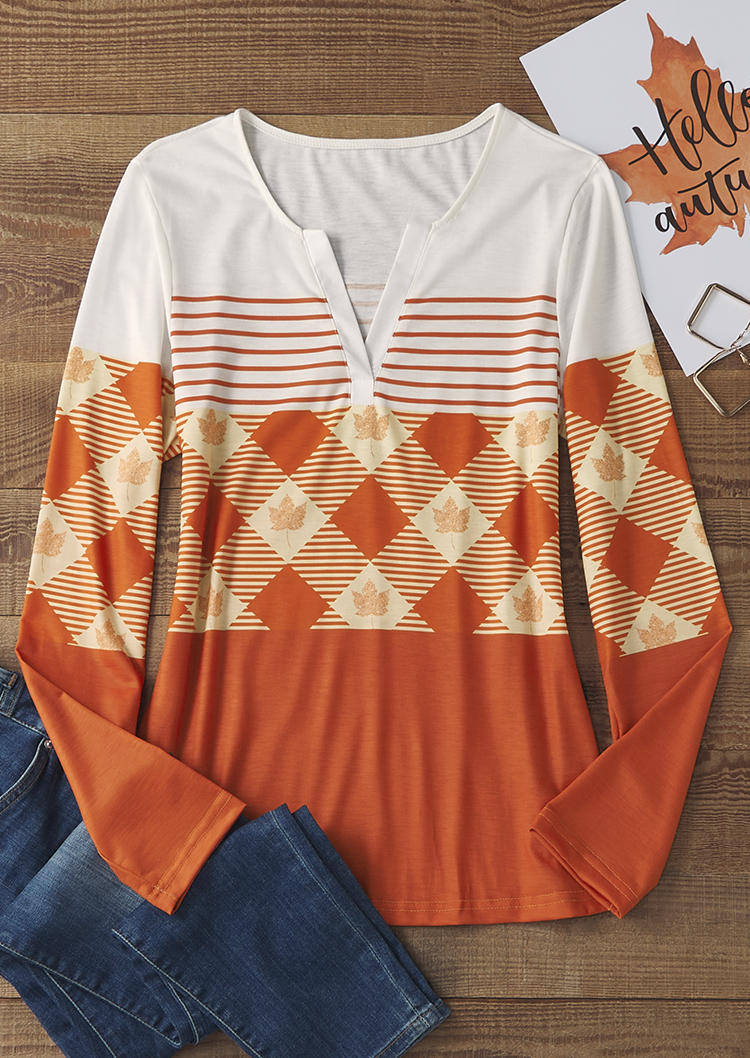 

Blouses Plaid Striped Maple Leaf Color Block V-Neck Blouse in Multicolor. Size