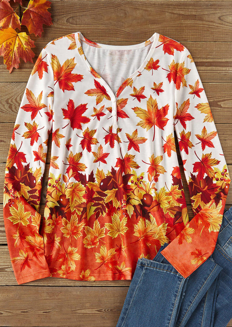 

Blouses Maple Leaf Button Long Sleeve Blouse in Multicolor. Size: L,M