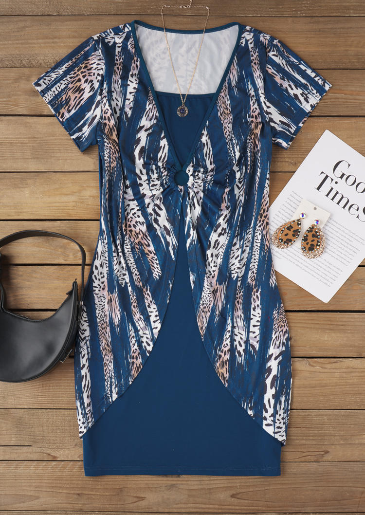 

Mini Dresses Leopard Wrap Ruffled Fake Two-Piece Mini Dress in Blue. Size