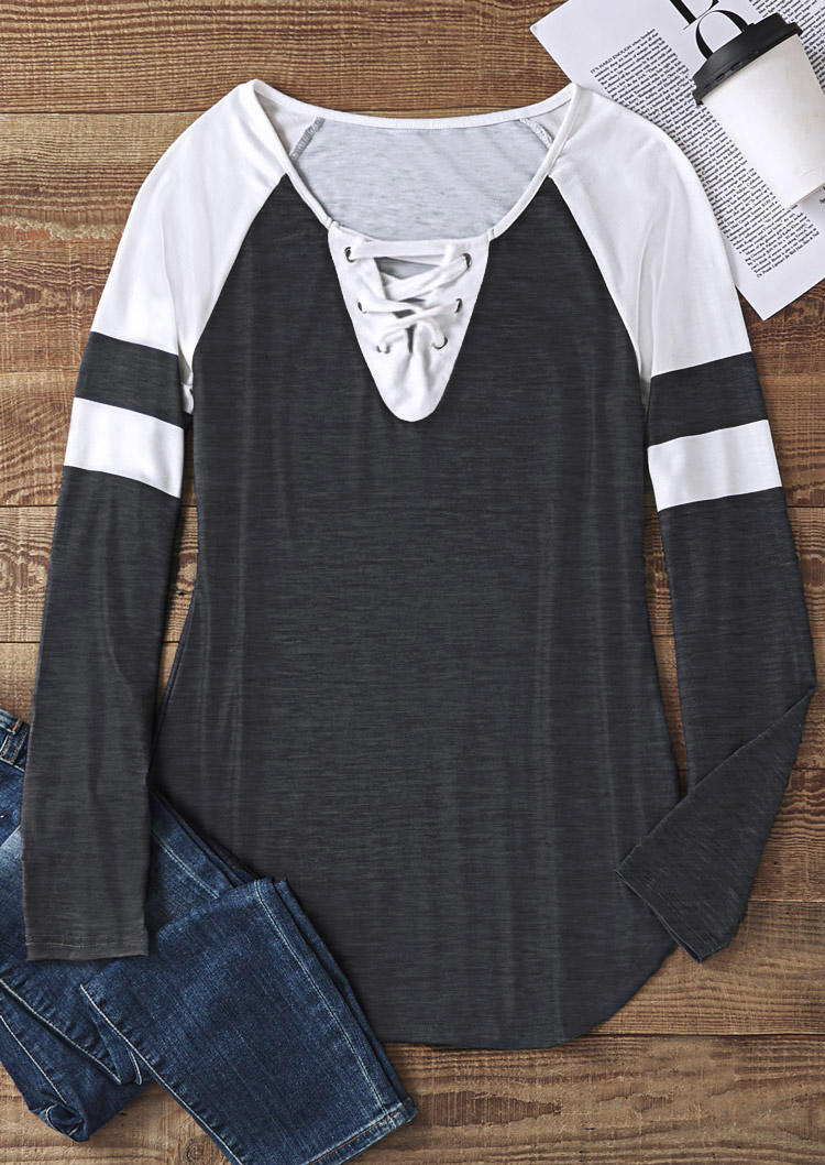 Color Block Lace Up Raglan Sleeve Blouse - Dark Grey