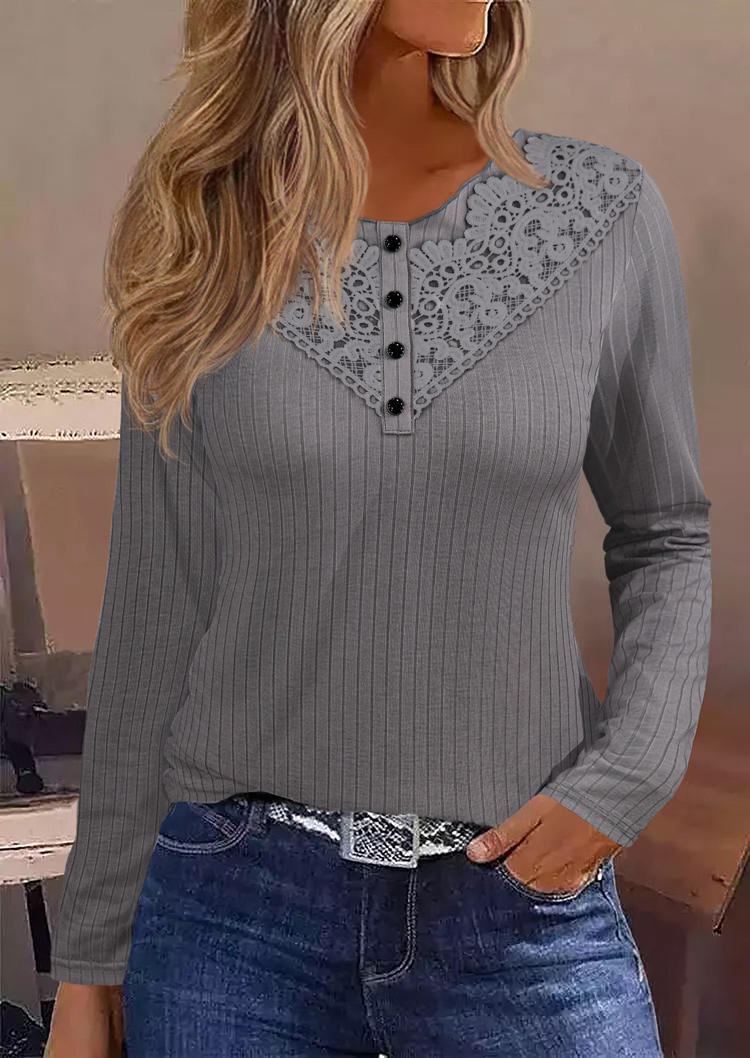 Lace Splicing Button Ribbed V-Neck Blouse - Gray