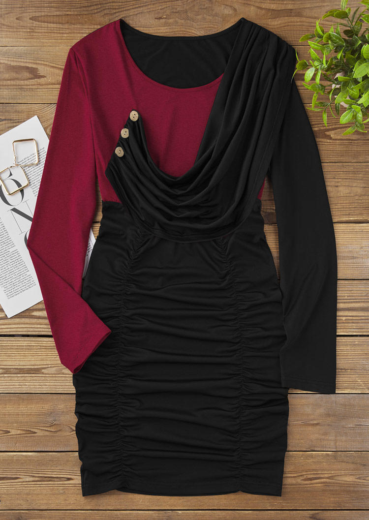 

Bodycon Dresses Color-Blocked Button Ruched Long Sleeve Bodycon Dress in Multicolor. Size: L,M,,XL