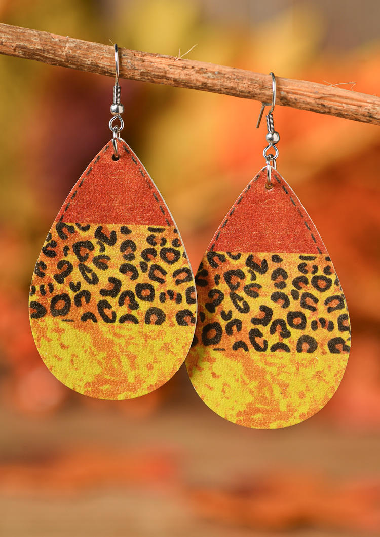 Leopard Color Block Leather Water Drop Earrings