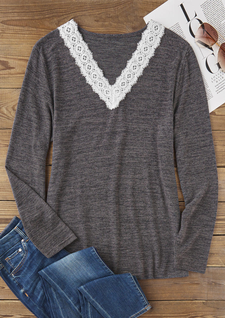 

Blouses Lace Splicing Long Sleeve V-Neck Blouse - Dark Grey in Gray. Size: L,M