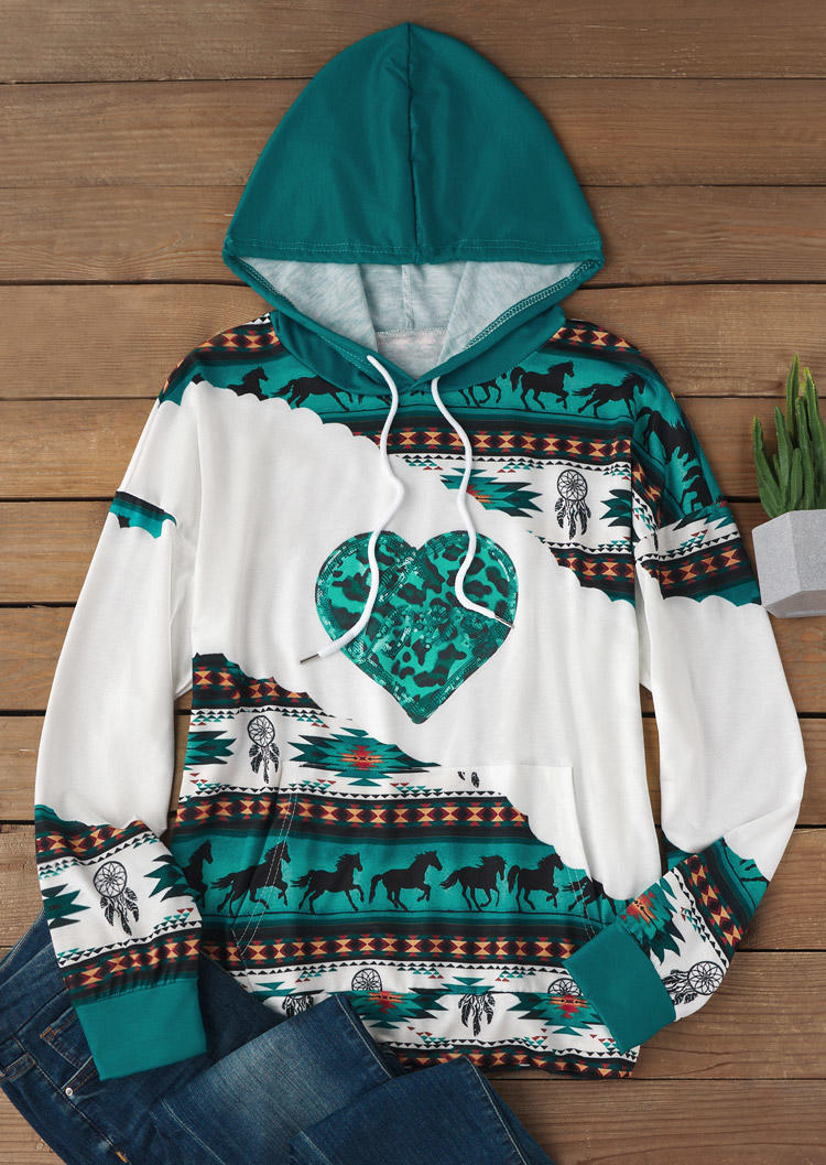 

Hoodies Aztec Geometric Horse Drawstring Kangaroo Pocket Hoodie in Blue. Size