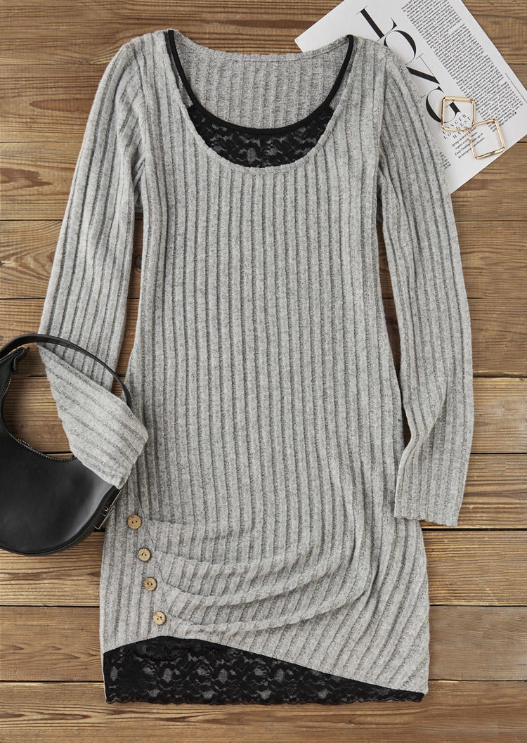

Mini Dresses Lace Stitching Ruched Ribbed Button Mini Dress in Gray. Size: L,M,,XL