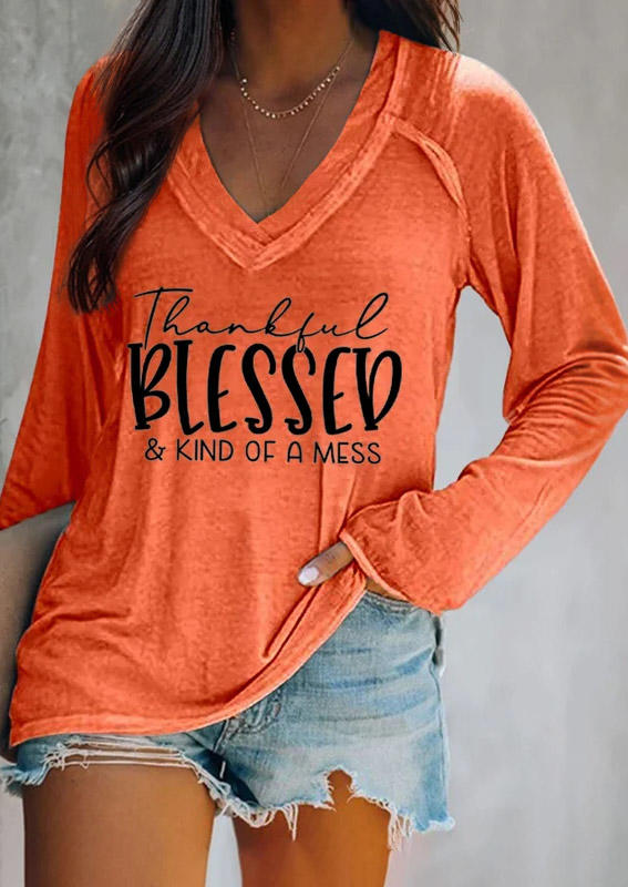 

Blouses Thanksgiving Thankful Blessed & Kind of A Mess Raglan Sleeve Blouse in Orange. Size