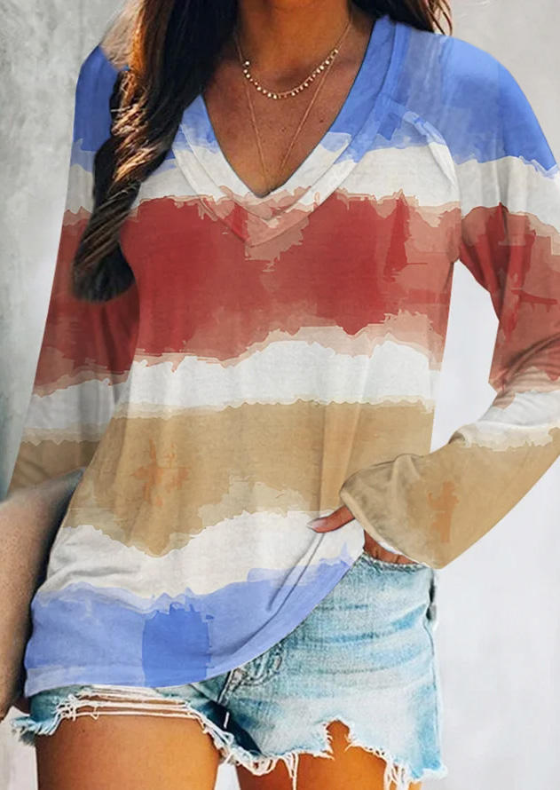 

Blouses Color Block Raglan Long Sleeve V-Neck Blouse in Multicolor. Size